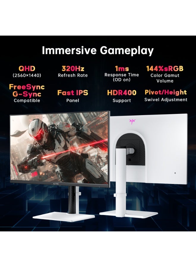 KTC 27 Inch White Gaming Monitor 300Hz/320Hz, QHD 1440P Fast IPS Computer Monitor with Adaptive FreeSync, HDR400, Height/Pivot/Swivel/Tilt Adjustable, DP&HDMI, H27E6 - Image 2